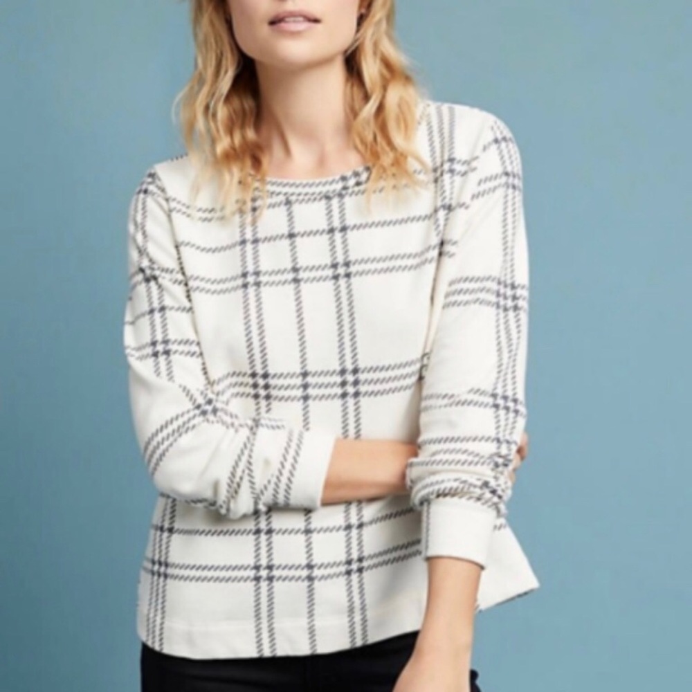 🦩Anthro t.la Plaid Ivory Crewneck sweatshirt XS